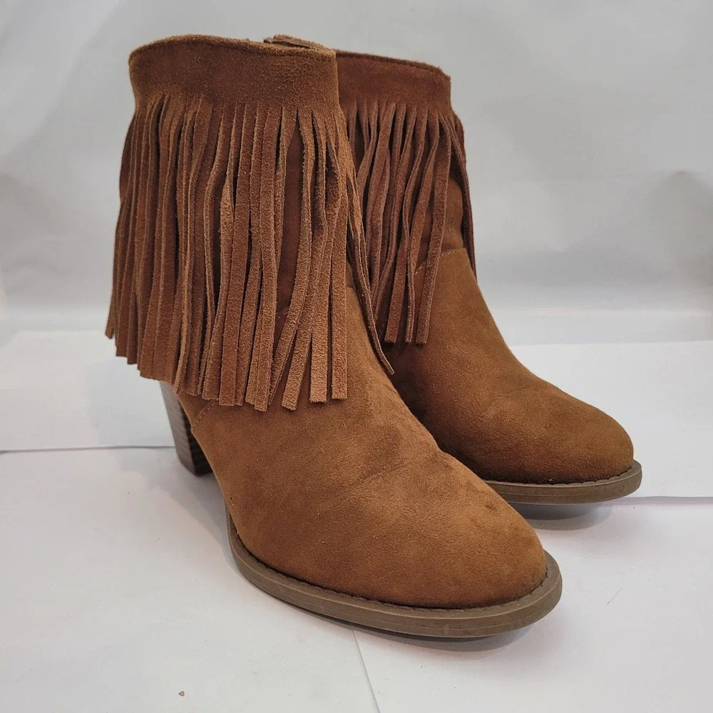 Target Fringe Ankle Boots Womens 6.5 Cognac Brown Leather Block Heel Booties